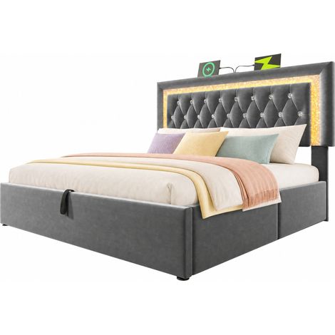 Letto contenitore 180x200 cm in velluto grigio con LED, USB e Type-C, senza materasso - CHICFURN (1/5)