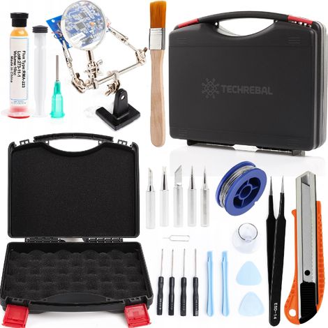 Lötzubehörset: Koffer + dritter mit Lupe + 5 Lötspitzen + Lötzinn + Messer + Pinzette + 10 g/m² Lötzinn + Flussmittel