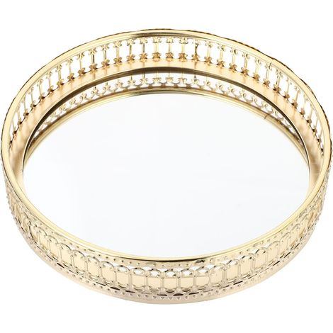Plateau à Bijoux en Fer Doré Miroir Décoratif Petit Format à Motifs Ajourés Support de Rangement Polyvalent pour Cosmétiques et Décoration Intérieure Assiette en Verre Élégante (1/5)