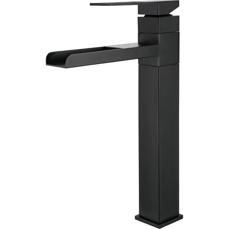 Robinet Lavabo Haut, Robinet Salle Bain Cascade, Mitigeur Lavabo Rotatif 360°, Mitigeur pour Vasque, Réglable Chaud et Froid, Noir, 6M3OK-T (1/5)