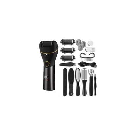 Lime électrique pour les pieds avec divers accessoires, rechargeable, noire.