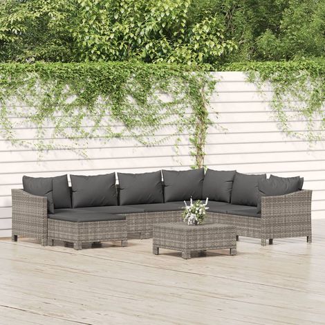 8-tlg. Garten-Lounge-Set mit Kissen Grau Poly Rattan