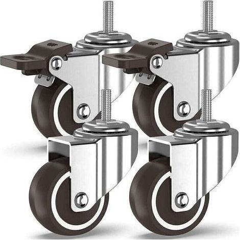 Roulettes pivotantes ELLE-4 à tiges filetées, roulettes pour meubles, roues à freins pour transport industriel de planches (50 mm avec tiges M10, 2 avec freins, 2 sans freins) (1/4)