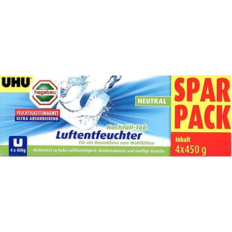 UHU Feuchtigkeitsmagnet Nachfülltab, Innovative Nachfülleinheit für handelsübliche Luftentfeuchter bekämpft Feuchtigkeit und Schimmel in Wohnräumen jetzt noch effektiver, 4 x 450 g, mit Lavendelduft (1/2)