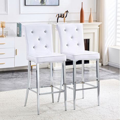 Juego de 2 taburetes de bar de PVC blanco, respaldo alto con detalles de cristal, estructura de metal cromado, para cocina. (1/5)