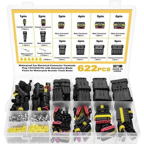 622 Pièces Imperméable à l'eau Connecteurs, Connecteurs Étanches pour Voiture à 1/2/3/4/5/6 Broches mâle/femelle avec fusibles à lame automobile pour Bateaux Camion Scooter Moto, 23-16AWG (1/5)