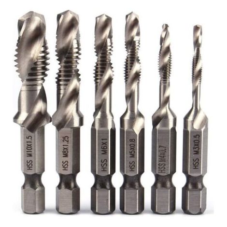 royaluxe-6pcs HSS Jeu de Foret Mèche à 1/4" Tige Hexagonale Set Robinet de Foreuse de Combinaison HSS Bit M3-M10 Filetage Métrique Drill Pour Bois fer Aluminium Argent (1/5)