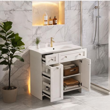 Meuble sous vasque avec vasque en céramique blanche 3 tiroirs (1/5)