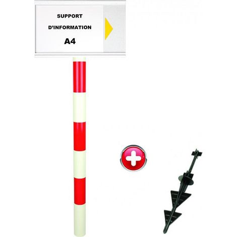 Poteau PVC grande hauteur Rouge/Blanc sur pointe avec support d'information A4 - 2000178