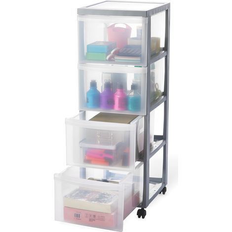 Iris Ohyama Cassettiera in Plastica con ruote, 4 Cassetti Grandi, Argento, Maniglie facili da tirare, Organizzatore, Per Camera Da Letto, Bagno, Scuola e Ufficio, Senza BPA, Contenitore, DC-304 (1/5)