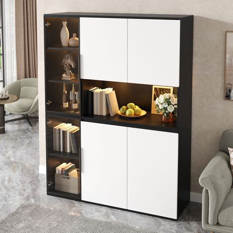 Meuble haut de rangement, vitrine buffet, armoire haute noire et blanche, portes vitrées, LED intégrées, corps en MDF, grand espace de stockage, meuble salle à manger et salon. (1/5)