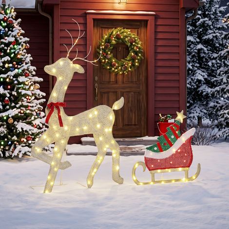 Renne et traîneau lumineux, décoration de Noël extérieure, 95 LED blanc chaud, 8 modes, minuterie quotidienne (1/5)