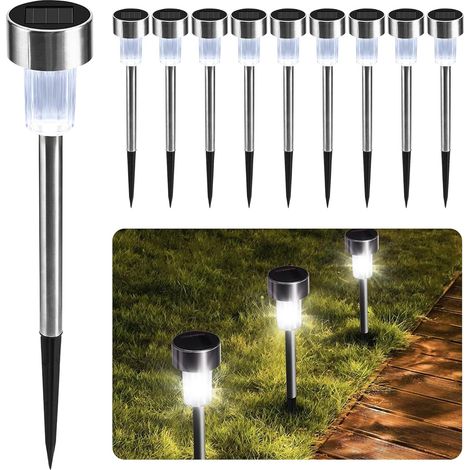 Lot de 10 lampes solaires de jardin à DEL étanches et rechargeables en acier inoxydable, lampes solaires d'extérieur pour jardin (blanc) (1/5)