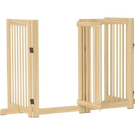 Absperrgitter Hund 4-tlg., 220 x 91 cm faltbar Türschutzgitter mit Tür, freistehend Hundegitter Holz, mit 2 Stützfüßen, Treppengitter