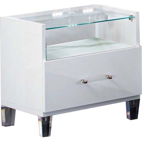 Chevet design bois blanc laqué et verre transparent à Led Krystal 60cm (1/3)