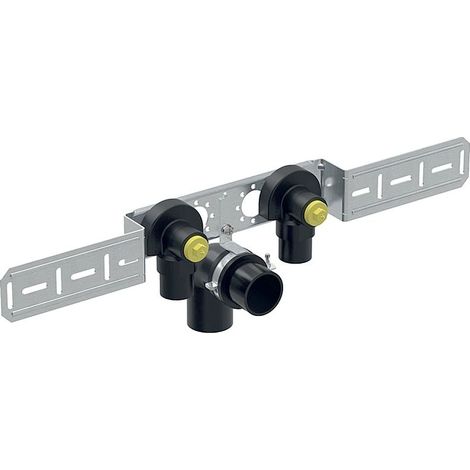 Geberit FlowFit Anschlusswinkel 90 Grad vormontiert, zweifach, abgesetzt, Ablaufrohrschelle D 20mm, Rp 1/2", L1 5,2cm, AD 15,3cm (1/5)
