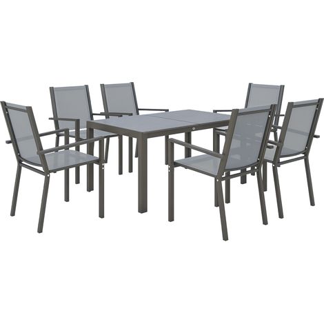 Set da pranzo da giardino per 6 persone, mobili da giardino per esterni, struttura in acciaio, sedie impilabili, grigio