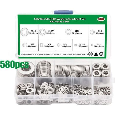 Rondelles Metal, 580 Pièces Rondelle Inox, rondelles plates et rondelles de sécurité Acier Inoxydable 304, Penny Rondelles, Joint Plat pour Vis et Boulons-M2 M2.5 M3 M4 M5 M6 M8 M10 M12 (1/4)