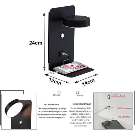 2er-Set LED-Wandleuchten fürs Schlafzimmer mit USB-Ladeanschluss, dimmbarer Touch-Wandleuchte, 12-W-Wandleuchte für den Innenbereich, schwarz, mit Netzkabel, um 350° drehbare Leselampe (1/5)