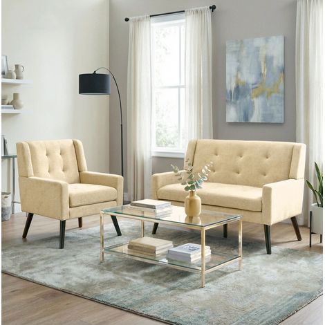 Lot de 2 fauteuils rembourrés beige en tissu avec pieds en bois massif,119x75x88 cm (1/5)