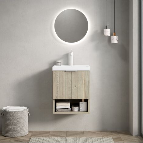 Mobile lavabo sospeso moderno con lavabo integrato in ceramica, 2 ante e ripiano aperto, bianco e rovere crema, 42 cm (1/5)