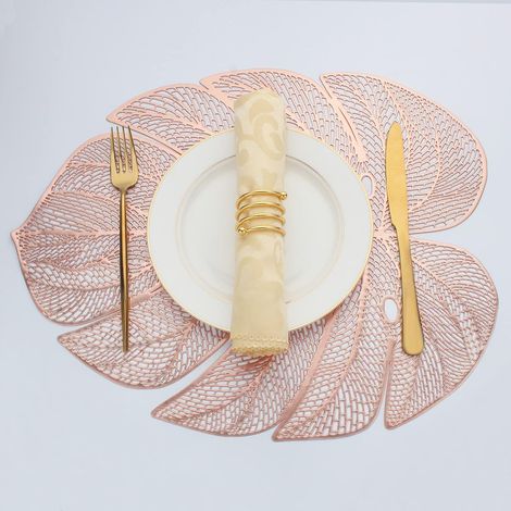 Lot de 8 sets de table en vinyle en forme de feuille pour table de salle à manger, set de table en plastique métallique facile à nettoyer, or rose, 45 x 35 cm'Set of 8 Or Rose'Or Rose'Set of 8 (1/5)