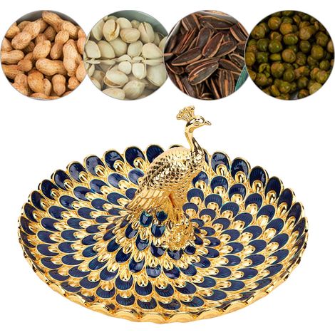Plateau de service rond en métal en forme de paon, idéal pour les amuse-gueules, les fruits et les desserts. Parfait pour un buffet à la maison, un hôtel ou un bar. Décoration dorée et bleue. (1/5)