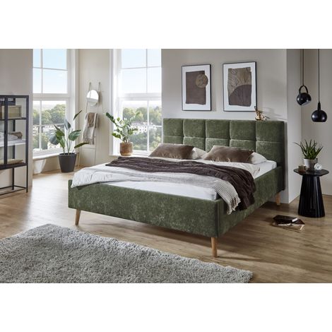 Meise Möbel Polsterbett Nova 180x200 cm Doppelbett Bettgestell gestepptes Kopfteil Webstoff Olivgrün Holzfuß eichefarbig (1/5)