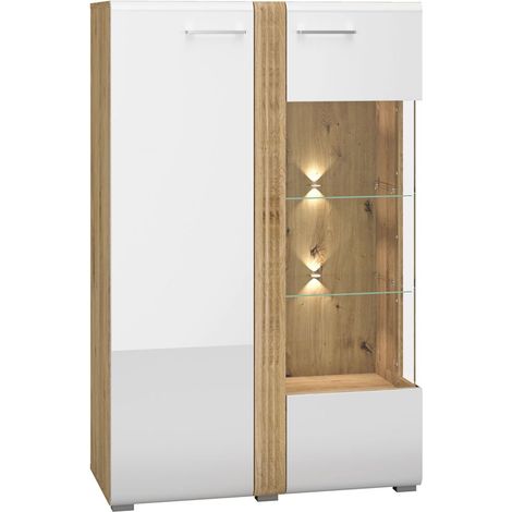Wohnzimmer Vitrine Highboard Eiche Castello Nb. mit weiß Hochglanz AKRON-131 MDF Front mit edler Fräsung, B/H/T: ca. 92/143/42 cm (1/5)