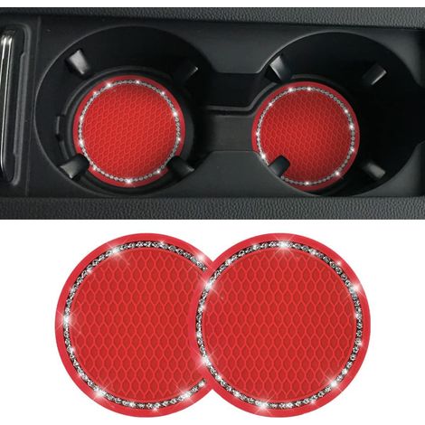 Dessous de verre pour porte-gobelet de voiture, lot de 2, accessoires universels pour voiture avec strass en cristal brillant, tapis antidérapant pour porte-gobelet de 7 cm (rouge/blanc) (1/5)