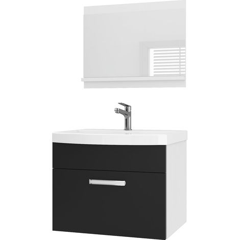 BELINI Meuble de Salle de Bain PRI M1 60 cm - Meuble avec Vasque Céramique + Miroir avec Étagère - Suspendu - Noir Mat (1/5)
