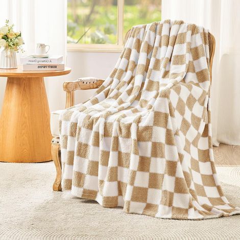 Kuscheldecke Sofadecke Fleecedecke 01-kariert Beige 150 x 200cm (1/5)