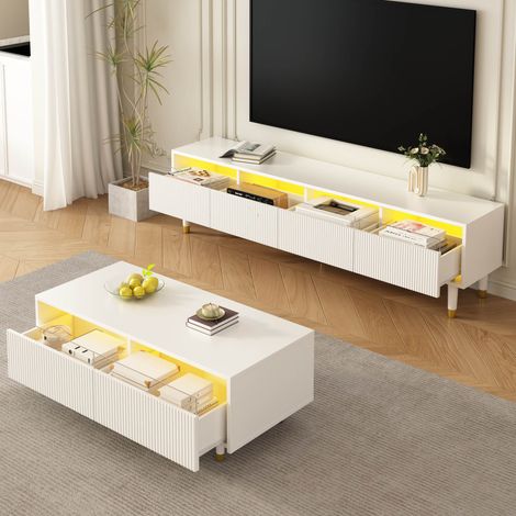 Mobile TV con tavolino da salotto in MDF bianco, LED 7 colori, 178x35x45 cm / 110x50x40 cm, contenitori (1/5)