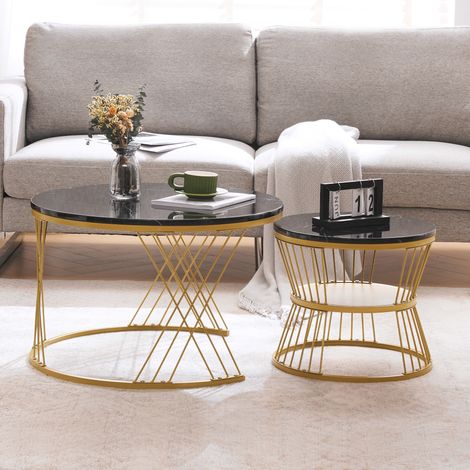 Lot de 2 tables basses gigognes - laquées brillantes - placage marbre - rondes - MDF - Noir et Doré (1/5)