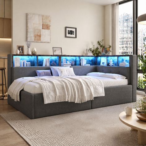 DESMIU Lit banquette 90 × 200 cm 1 place avec USB, Type-C, LED réglable, rangement hydraulique, sans matelas, gris (1/5)