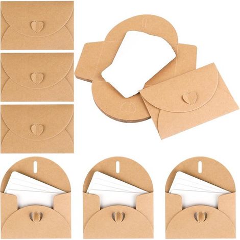 Lot de 10 enveloppes pour cartes cadeaux avec 10 cartes vierges, papier kraft brun, fermeture en forme de cœur, pour vœux et cadeaux (1/5)