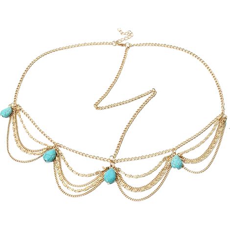 Head Chain - Alloy Forehead Chain with Turquoise Stones - Adjustable 54 cm - Boho Hair Accessory for Women and Girls (1/5)