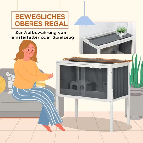 Cage à hamster en bois pour hamster nain, enclos pour rongeurs avec 2 abris et accessoires, grand habitat pour souris, 82 x 45 x 81 cm, gris (1/5)
