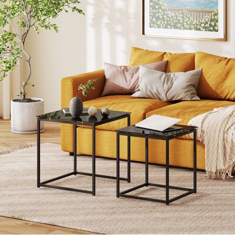 Set de 2 mesas auxiliares 50x50x52 cm y 42x42x42 cm negras de acero con vidrio templado apilables (1/5)