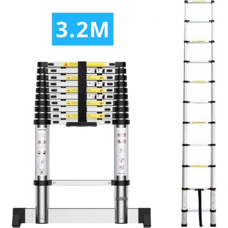 Echelle télescopique aluminium 11 marches H3,2 m avec barre stabilisatrice - SECURY-T