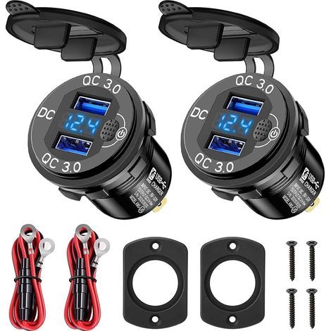 Lot de 2 Prises USB 12V, Charge Rapide 3.0 18W à Double Port USB avec Interrupteur on/Off et Voltmètre à LED Bleue pour Voiture et Bateau (1/5)