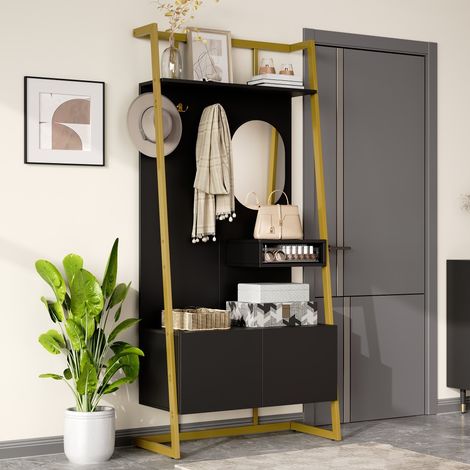 Porte manteau mural moderne-Tablette et miroir intégrés-Crochets métal et portant-Banc avec rangement chaussures (1/5)