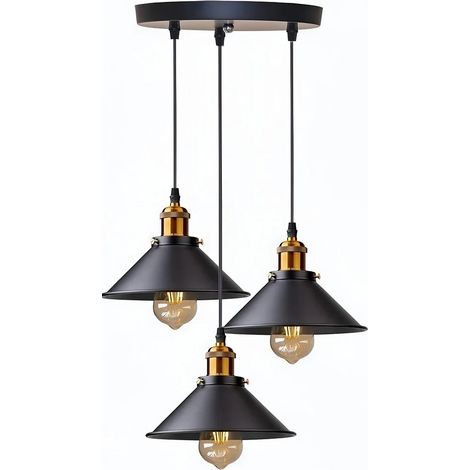 Lustre à trois lampes style industriel rétro Edison en base ronde de diamètre . 22 cm Métal Noir (1/4)