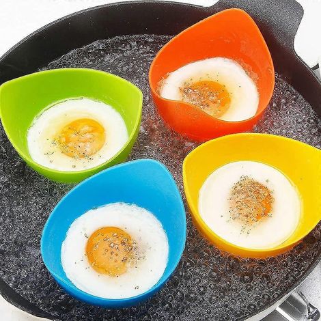 Cuiseur à œufs pochés, moule à œufs pochés en silicone avec support, lot de 4, pour micro-ondes. (1/5)