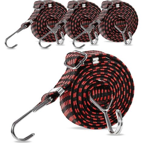 Cordes élastiques avec crochets réglables - Lot de 4 sangles plates et robustes de 1 m pour porte-vélos, tentes de camping et barres de toit de voiture (4 pièces - noir) (1/5)