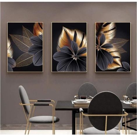 Noir feuille d'or toile peinture plante affiche impression moderne décor à la maison abstrait mur Art peinture salon (1/4)