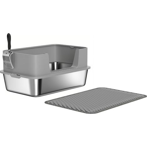Bac litière XL acier inoxydable toilette grand chat nettoyage facile 60,2 x 40,2 x 29,5 cm