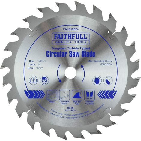 TCT Lame de scie circulaire 190 mm x 16 mm alésage x 24 dents Argenté/bleu