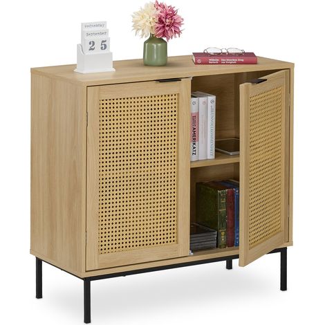 Relaxdays Credenza Ingresso e Salotto, Comò Vintage con Ante in Rattan, Gambe in Metallo, HLP: 76x80x35 cm, Marrone Nero