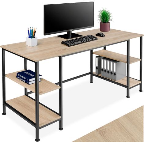 Bureau style industriel 2 étagères espaces de stockage bois clair (1/5)